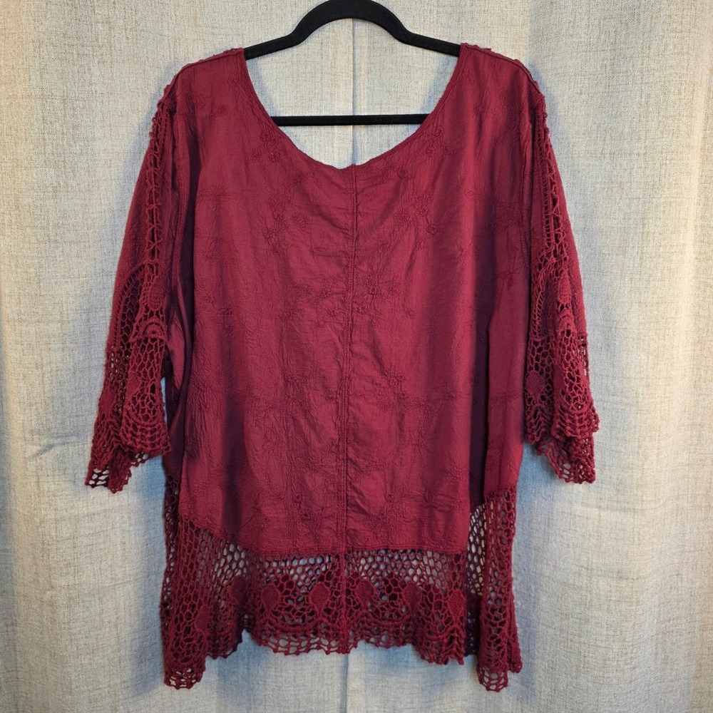 Lane Bryant Crochet Embroidered Boho Top Women's 22 Burgundy Cotton Loose Fit - Picture 7 of 9